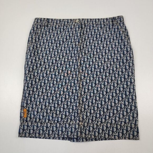 Christian Dior By John Galliano Skirt Navy Monogram Womens Sz US 14 Mid Length - Picture 1 of 11